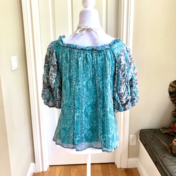 Anthropologie Top Puff Sleeves Aqua Pattern Let Me Be (XS) - Picture 4 of 8